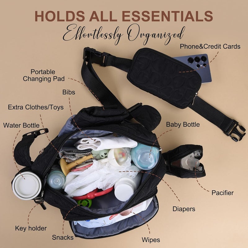 Rexmore Store Puffer Quilted Fanny Pack Diaper Bag for Mom - Women‘s Compact Crossbody Purse with Portable Changing Pad & Wipes Pouch, Travel & Quick Errand Baby Essentials Organizer(Black) - Image 5